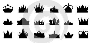 Royal crowns black icons. Winner crown, knight queen or king coronation symbols. Tiara silhouettes, prince princess flat