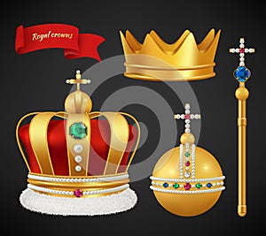 Royal crowns. Luxury premium medieval gold symbols of monarchy scepter antique diadem diamonds and jewels vector