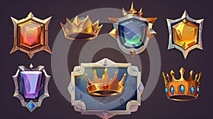 Royal crowns and square avatar frames for UI games. Cartoon metallic border with fancy gems, isolated fantasy design