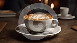 Royal Cup of coffee latte with heart shape and coffee beans on old background