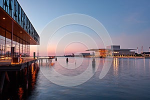 The Royal Danish Playhouse at night.