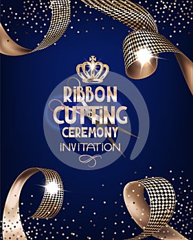 Royal design banner with gold curly silk ribbons and blue background. Ribbon cutting ceremony.