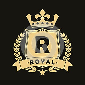 Royal design logo with shield, crown, laurel wreath and ribbon. Luxury logotype template for company with royalty coat of arms.