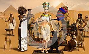 Royal Egyptian pharaoh Cleopatra with servants in traditional costumes