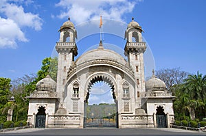 Royal entrance gate of The Lakshmi Vilas Palace, was built by Maharaja Sayajirao Gaekwad 3rd in 1890, Vadodara Baroda, Gujarat