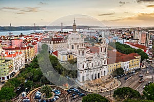 Royal estrela basilica Lapa, convent of most, cathedral basil old european church Portugal Lisbon, drone photo, air view