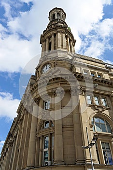 Royal Exchange building in the city center of Manchester, UK