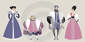 The royal family. Fairy tale. Funny cartoon characters in historical costumes.