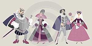 The royal family. Funny cartoon characters in historical costumes.