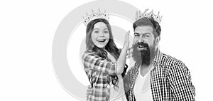 Royal family. Man golden crown and little girl kid. King and princess. Happy family white background. Bearded man proud