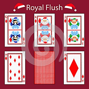 Royal flus playing card poker combination. illustration eps 10. On a red background. To use for design, registration, the w