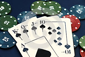 Royal flush cards. Card game, cards on the table. Poker and blackjack