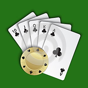 A royal flush of clubs with gold poker chip on green background, winning hands of poker cards, casino playing cards and chip