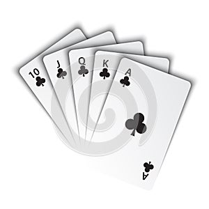 A royal flush of clubs on white background, winning hands of poker cards, casino playing cards