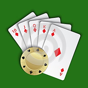 A royal flush of diamonds with gold poker chip on green background, winning hands of poker cards