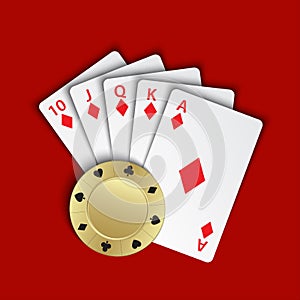 A royal flush of diamonds with gold poker chip on red background