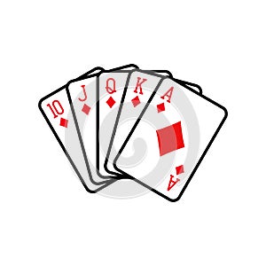 Royal flush of diamonds, playing cards deck colorful illustration.