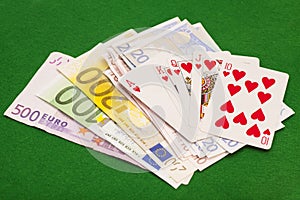 Royal flush hearts and euro money