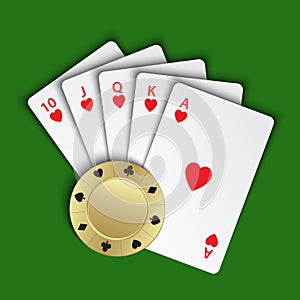 A royal flush of hearts with gold poker chip on green background, winning hands of poker cards