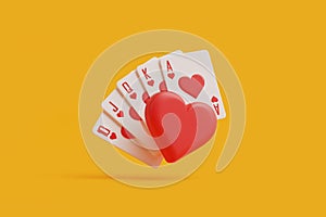 Royal Flush Hearts and Heart-Shaped Chip on Yellow