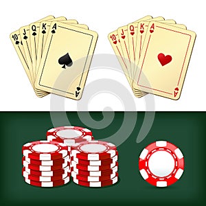 Royal flush playing cards, chips casino