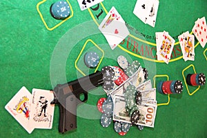 Royal flush in poker casino chips and cards