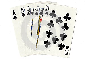 A royal flush poker hand of playing cards.