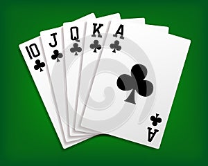 Royal Flush. A poker hand of a royal flush in clubs. Clubs Royal Flush. Card fan on a green background.