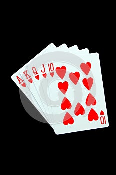 Royal flush sequence of playing cards on dark background