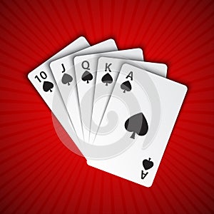 A royal flush of spades on red background,winning hands of poker