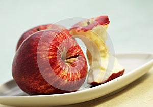 Royal Gala Apple, malus domestica, Fruits and Core in a Plate