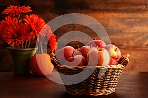 Royal gala apples in basket with pumpkin and flowers