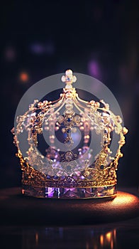 Royal gold coronation crown with jewels and diamonds against a blue & purple background.