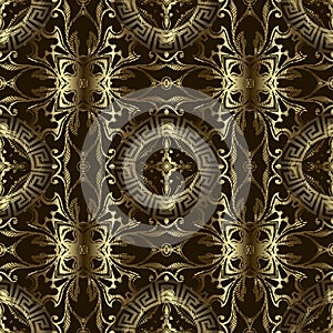 Royal gold 3d vintage vector seamless pattern. Floral grunge Baroque style background. Repeat backdrop. Modern greek key