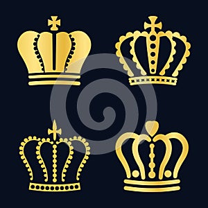 Royal gold king crowns icons. Royalty family symbol, golden queen and king diadem, majestic element of nobility