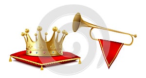 Royal golden crown and copper fanfare heraldic set
