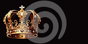 Royal Golden Crown with Jewels on a Black Background Banner Illustration, Ai Generated