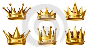 Royal golden crown. Monarchy wealth and power symbol, king and queen gold coronet. Rich realistic 3D vector illustration set photo