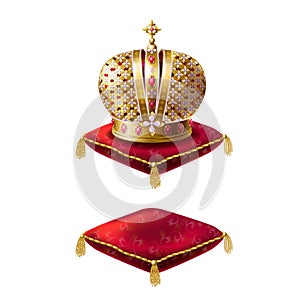 Royal golden crown on red velvet pillow