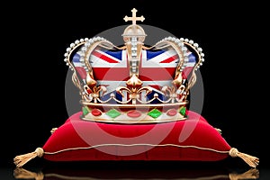 Royal golden crown with the United Kingdom flag on red vilvet pillow on dark background