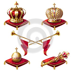 Royal golden crowns, fanfares, scepter and orb