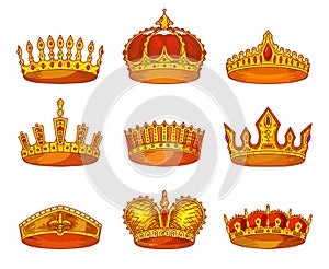 Royal golden crowns, sketch heraldic icons vector