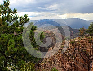 Royal  Gorge Colorado - a very narrow and deep canyon of the Arkansas River - looking down into the canyon and up into the