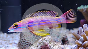 Royal gramma fish swimming among colorful corals in saltwater aquarium environment photo