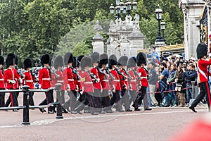 The Royal Guards parade at the Changing of the Guards ceremony across Buckingham Palace, London