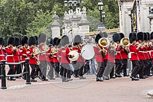 The Royal Guards parade at the Changing of the Guards ceremony across Buckingham Palace, London