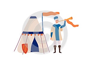 Royal herald with trumpet flat vector illustration. Medieval cartoon character. Historical messenger near tent isolated