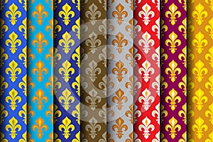 Royal Heraldic Lilies (Fleur de lis) -- Rich colorful wallpaper, fabric textile, seamless pattern, versicolored rolls. photo