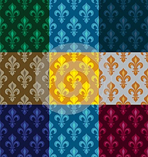 Royal Heraldic Lilies (Fleur de lis) -- Rich colorful wallpaper, fabric textile, seamless pattern, versicolored set. photo