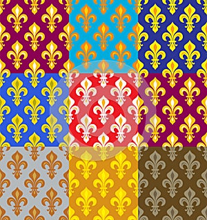 Royal Heraldic Lilies (Fleur de lis) -- Rich colorful wallpaper, fabric textile, seamless pattern, versicolored set. photo